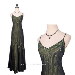 Vintage Prom Dress Maxi Gown 8 Green Black Fairy Goth Gatsby 90s Y2K Bead Glam